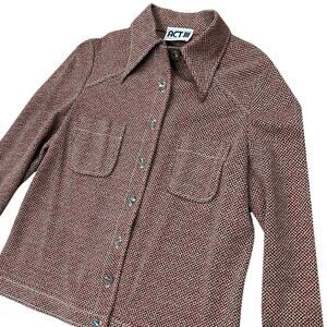 Vintage 1970s Red Checkered Shirt Jacket Tweed Style Button Up / Medium -